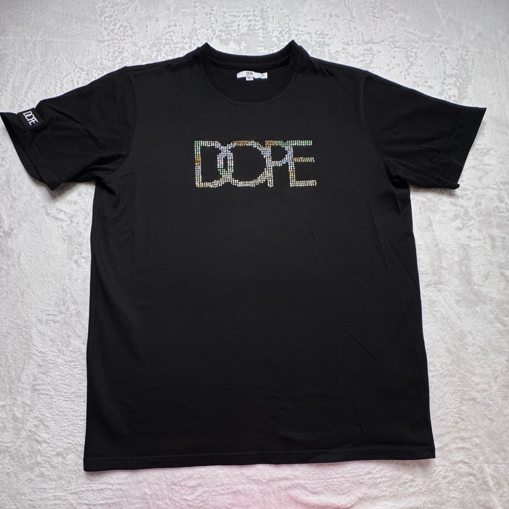 Dope Mens XL Black Rhinestone Logo Graphic T-Shirt Streetwear Hip Hop Bling Tee